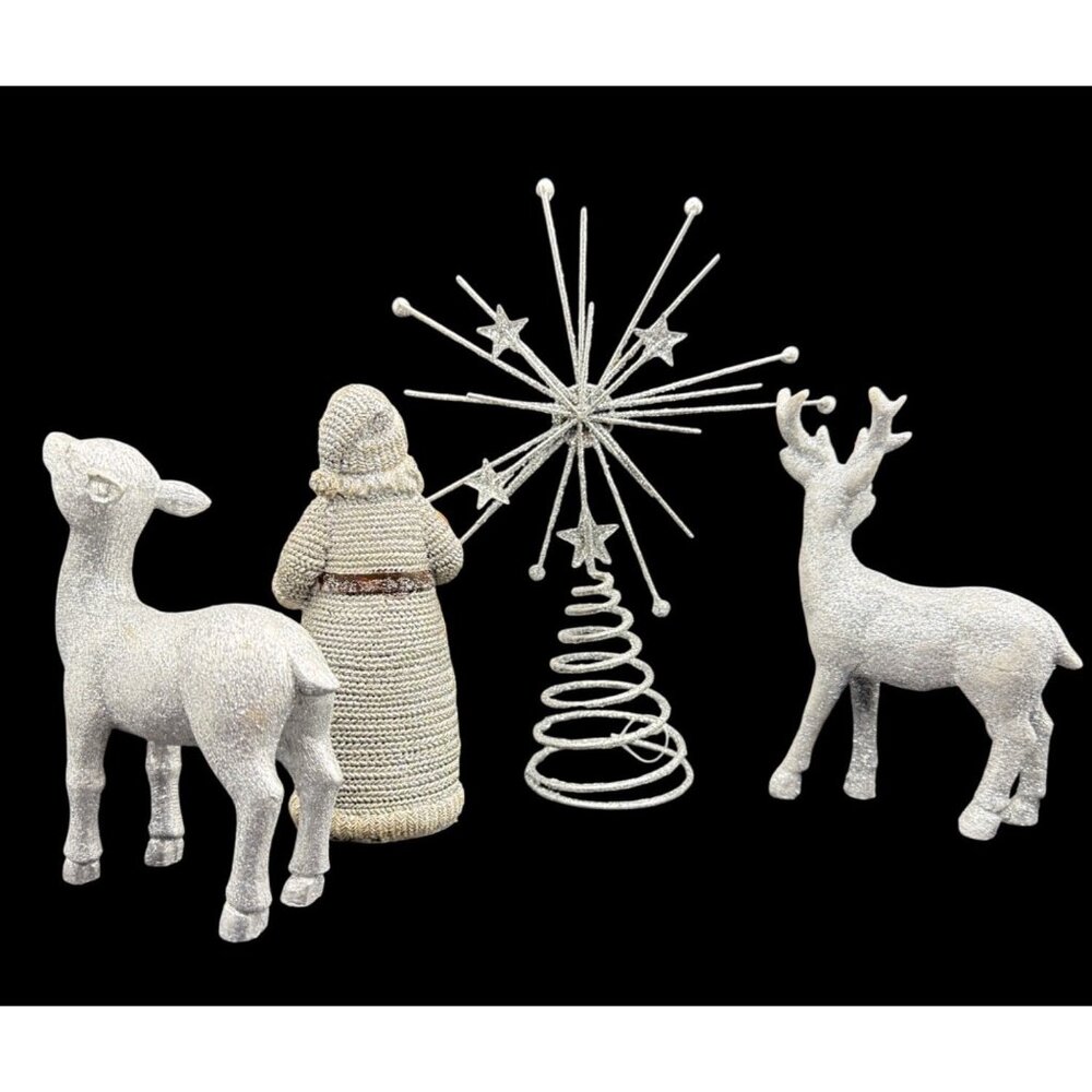 Vintage Glitter Silver Christmas Figurines Set w/ Santa, Reindeer, & Tree Topper - Picture 6 of 6